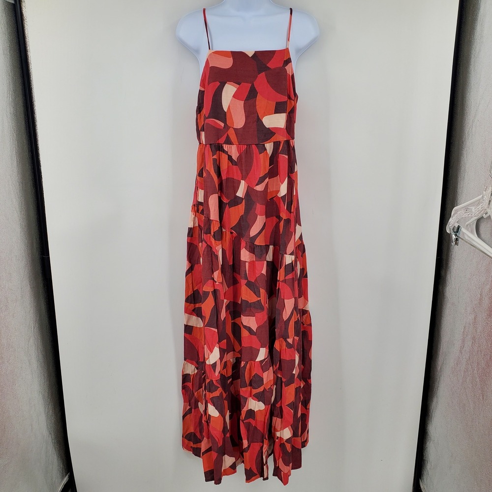 Nine West XS‎ Red Pink Abstract Geometric Tiered Maxi Dress Adjustable Straps
